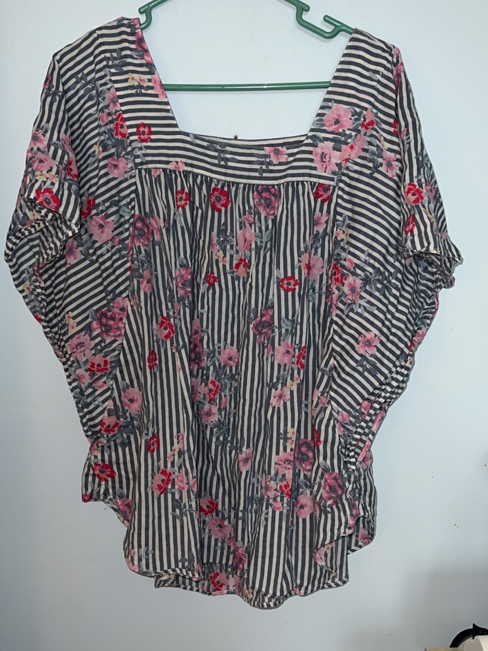 Time and tru XL blue striped floral print square neck kimono short sleeve top